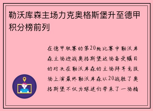 勒沃库森主场力克奥格斯堡升至德甲积分榜前列